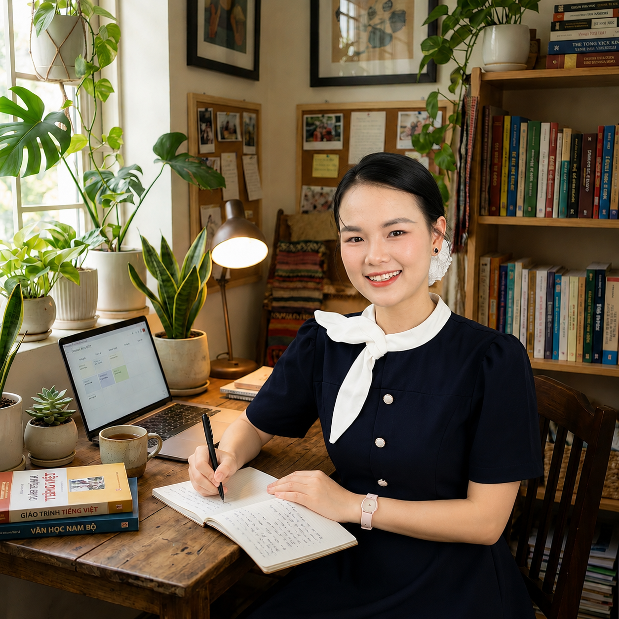 Cô giáo ngồi tại bàn làm việc
